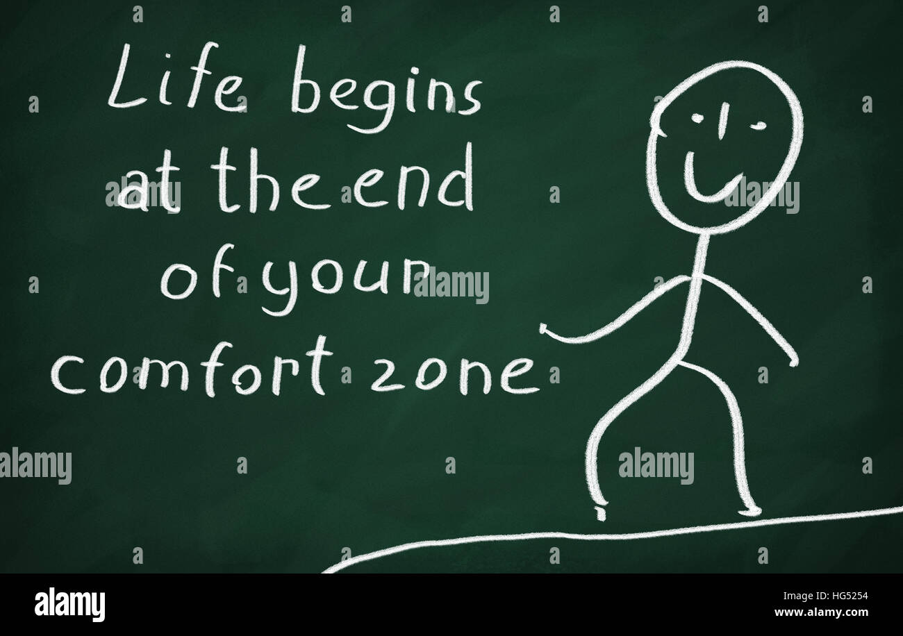 On the blackboard draw character and write Life begins at the end of your comfort zone Stock Photo