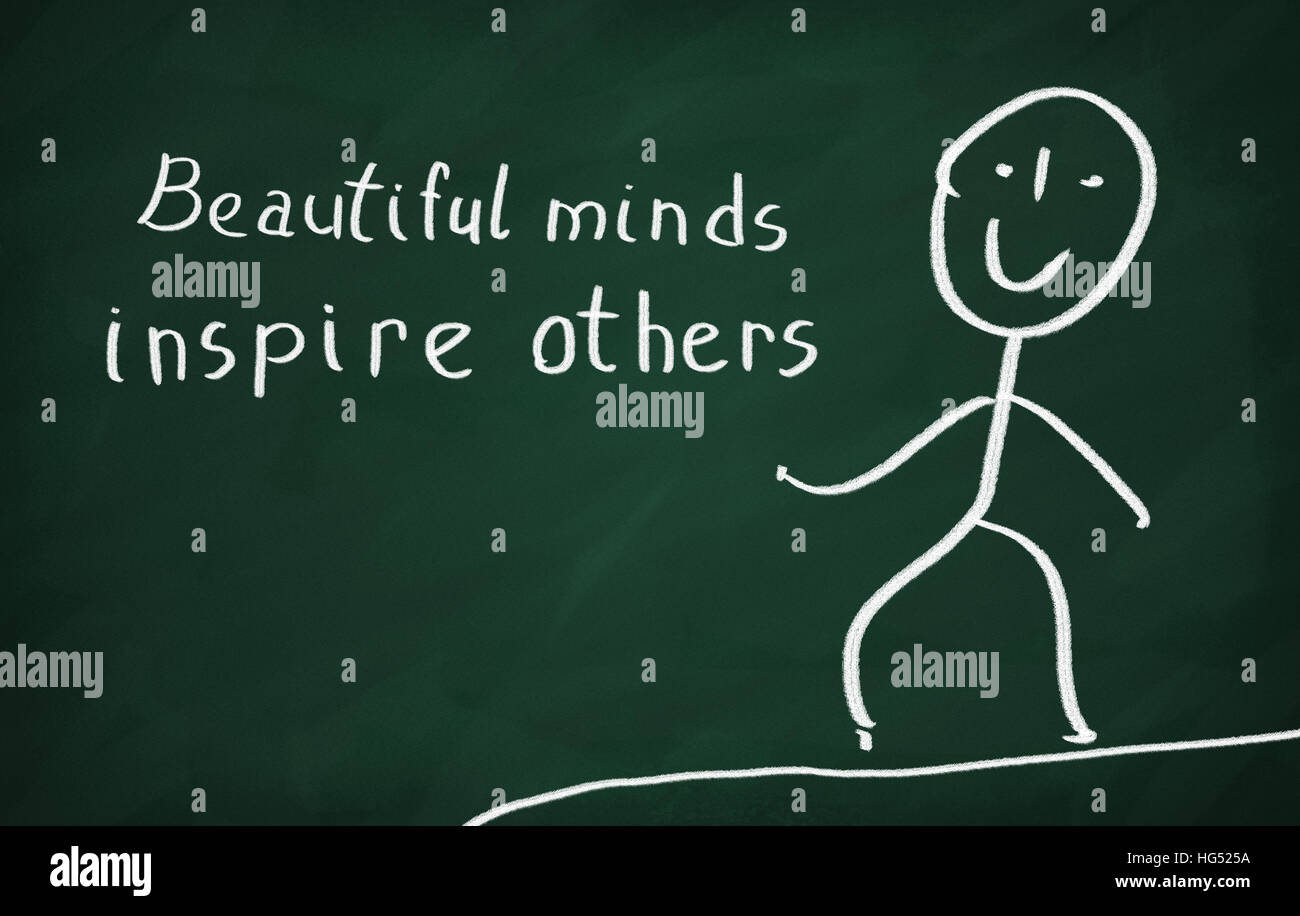 On the blackboard draw character and write Beautiful minds inspire others Stock Photo