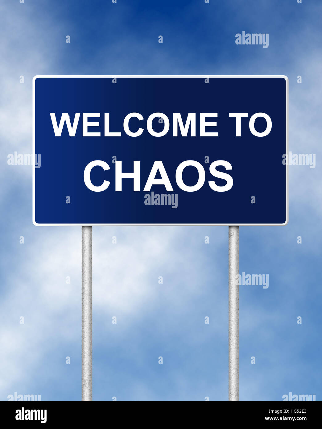 The road sign symbol with text Welcome to chaos Stock Photo