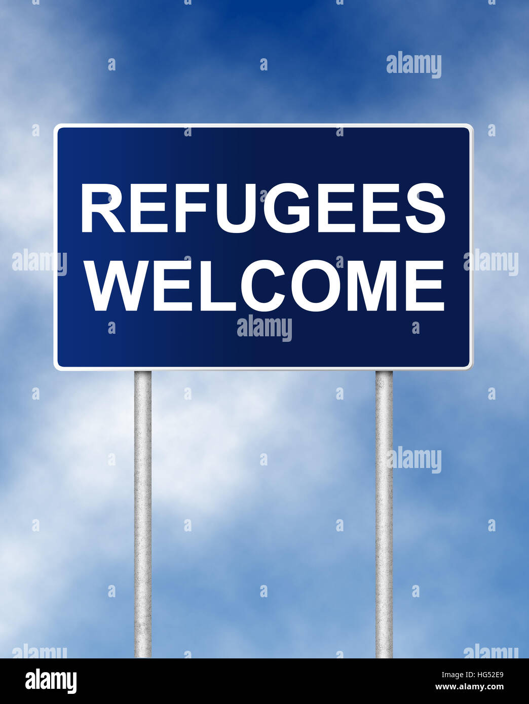 The road sign symbol with text Refugees welcome Stock Photo