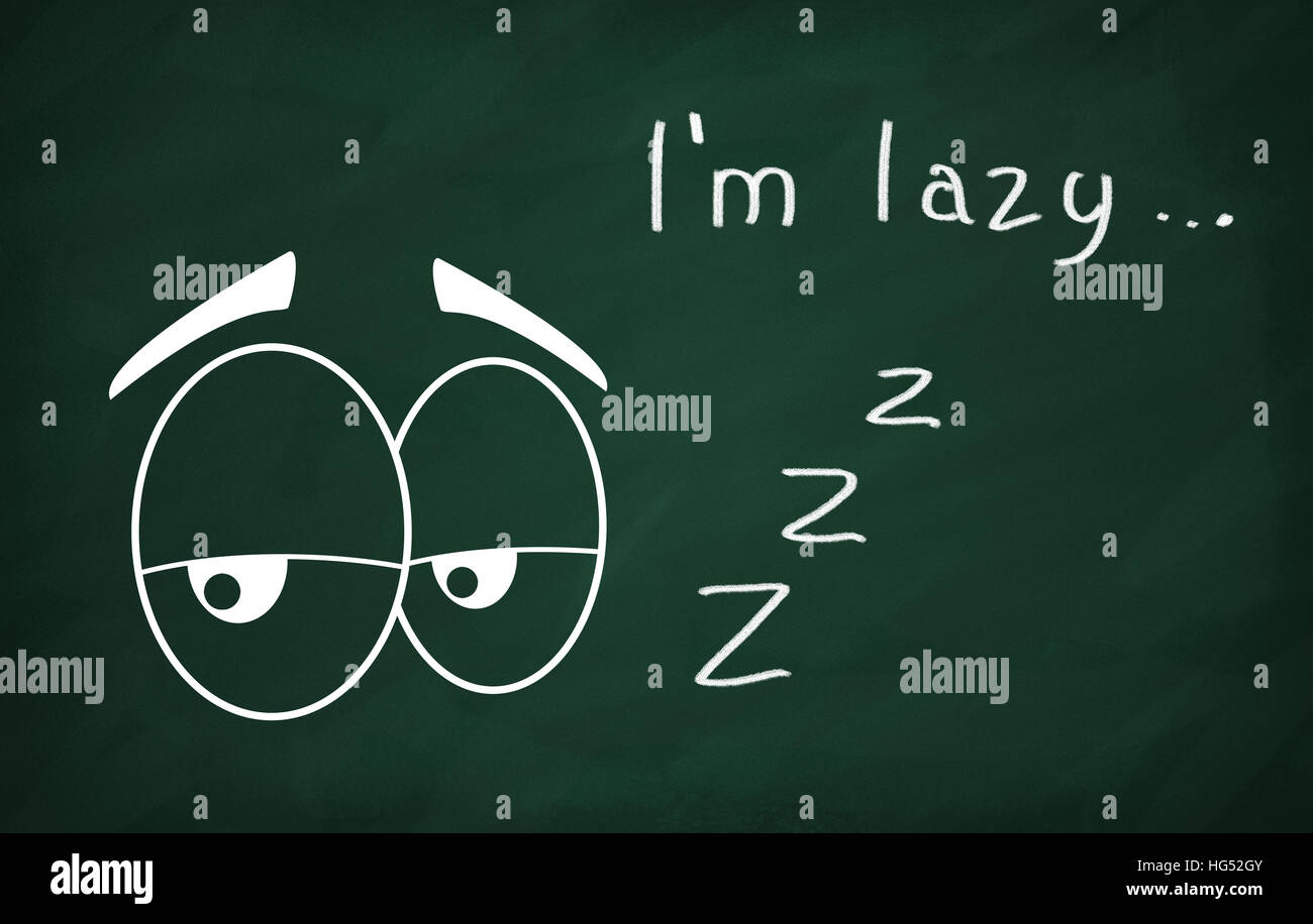 On the blackboard draw character eyes and write I'm lazy Stock Photo