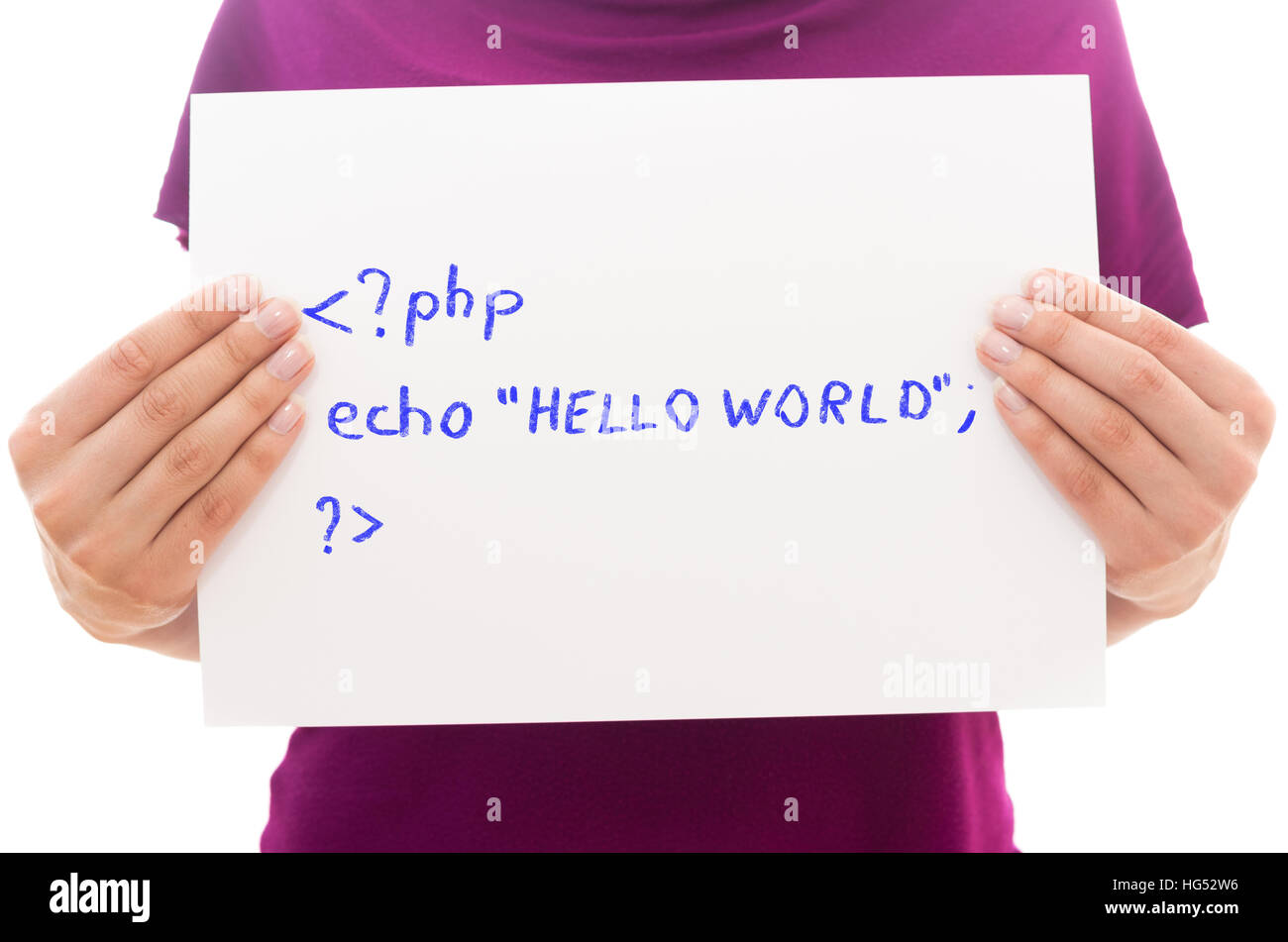 Girl holding white paper sheet with text Hello world Stock Photo
