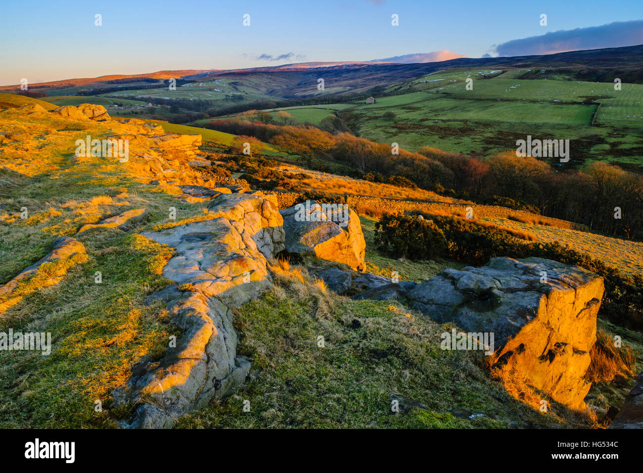 Evening light on Little Cragg in the Forest of Bowland Lancashire England, looking towards Ward’s Stone Stock Photo