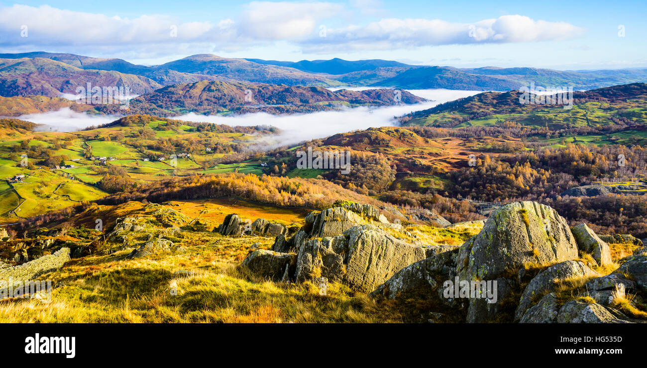 Cloud inversion in the valley of the River Brathay near Ambleside in the Lake District Stock Photo