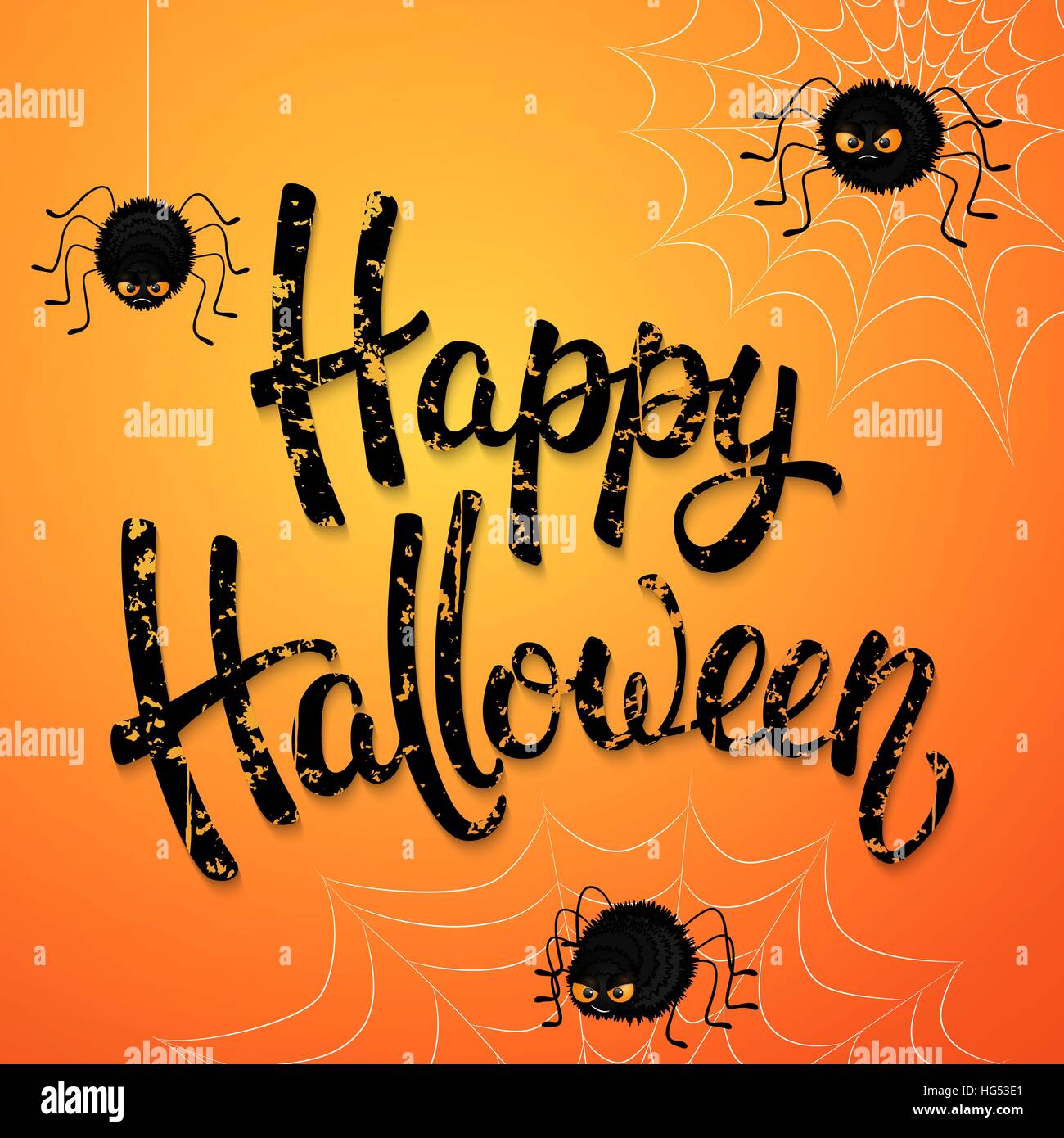 Halloween greeting card with angry spiders, web and black textured ...