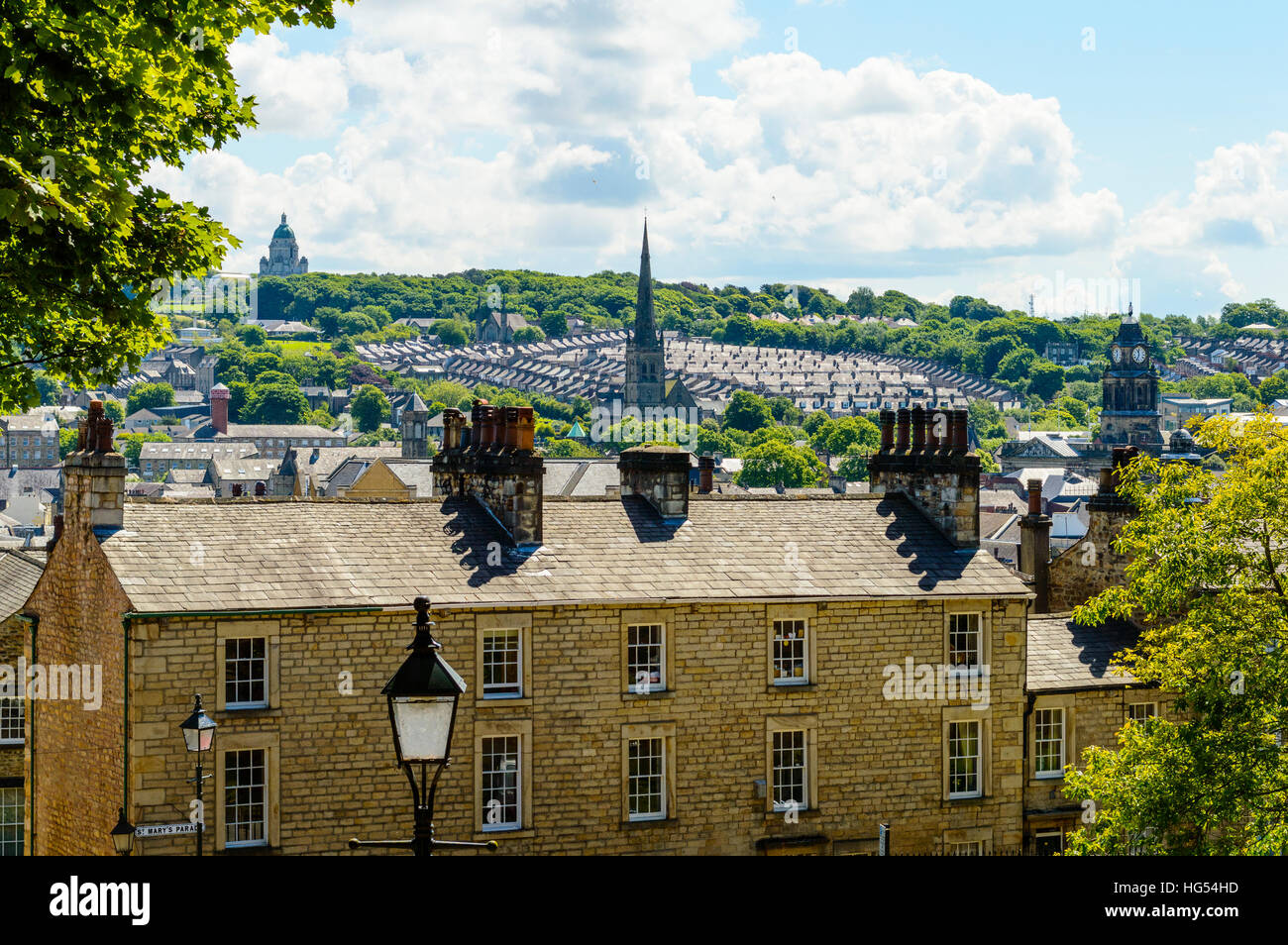 View over Lancaster Lancashire England from Castle Hill with the Ashton Memorial on the skyline. Stock Photo