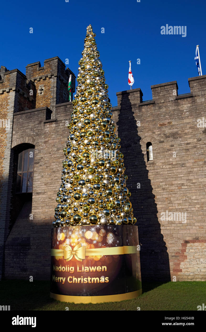The controversial 40 foot Christmas tree, Cardiff, Castle, Cardiff, Wales. Stock Photo