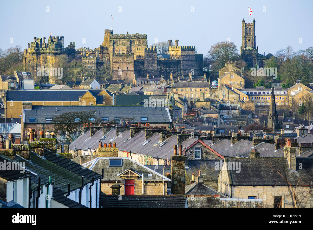 Lancaster Castle and Priory Church Lancaster England seen over the town centre from the east Stock Photo