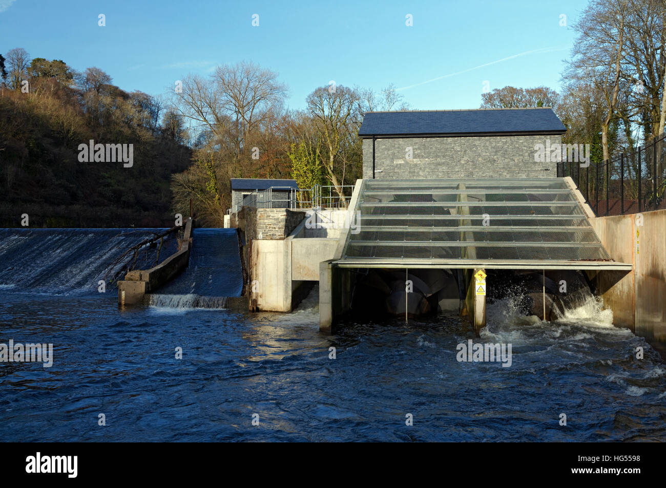Hydro electric power plant, River Taff, Radyr, Cardiff, Wales Stock