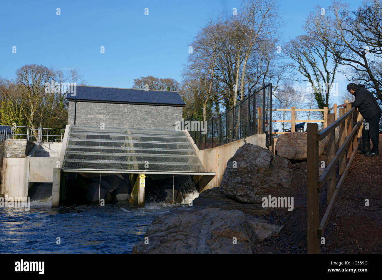 Hydro electric power plant, River Taff, Radyr, Cardiff, Wales Stock