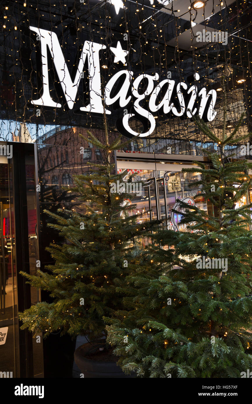 Denmark, Copenhagen, Kristen Bernikows Gade, Magazin du Nord, department store, Christmas trees in rear entrance Stock Photo