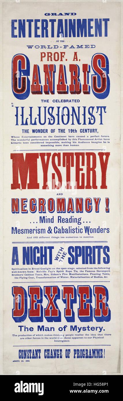Circus Poster - Grand entertainment by the world-famed Prof. A. Canaris, the celebrated illusionist, the wonder of the 19th century   Mystery and necromancy! Mind reading, mesmerism & cabalistic wonders Stock Photo