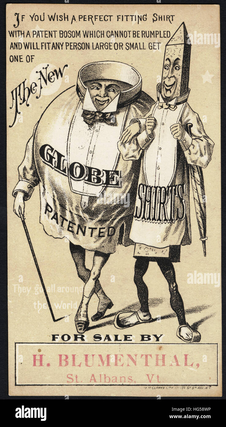 Clothing Trade Cards - If you wish a perfect fitting shirt with a patent bosom which cannot be rumpled and will fit any person large or small get one of the new Globe patented shirts. They go all around the world Stock Photo