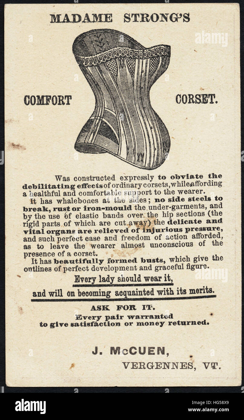 Clothing Trade Cards -  Madame Strong's Comfort corset. Relieve the delicate and vital organs of all injurious pressure. [back] Stock Photo