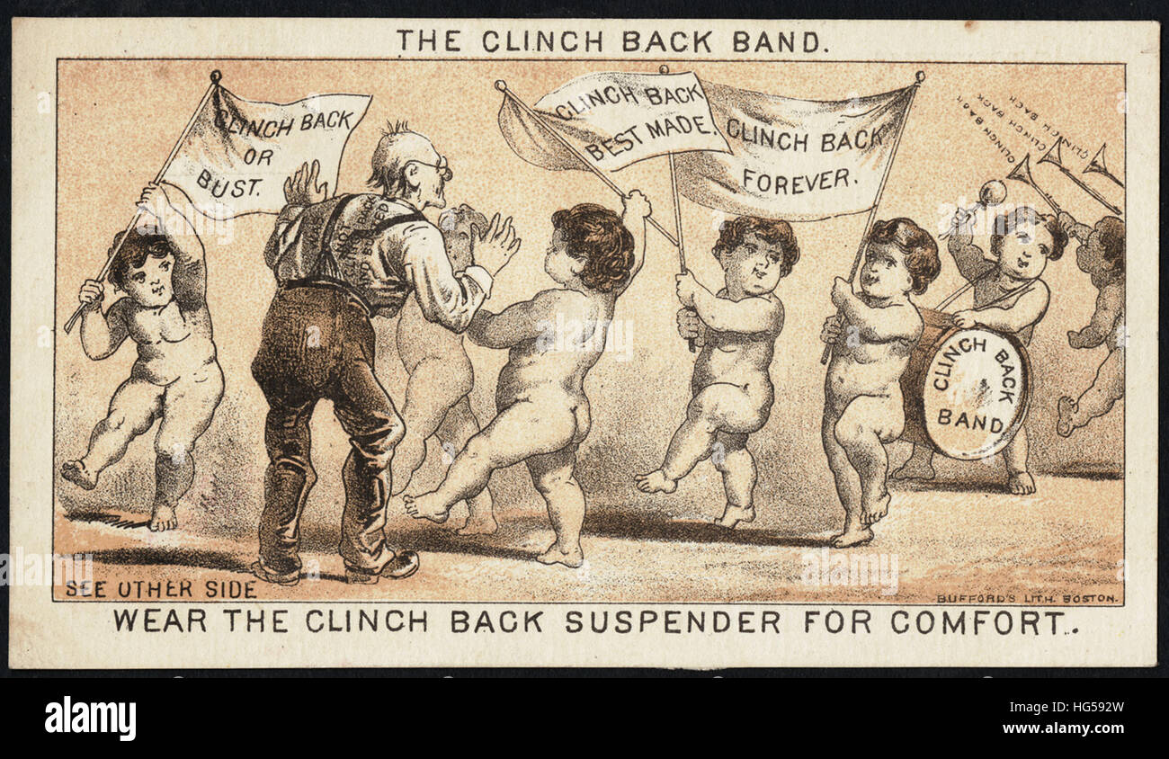 Clothing Trade Cards - The Clinch back band. Wear the Clinch back suspender for comfort. Clinch back or bust. Clinch back best made. Clinch back forever  Clinch back band. Wear the Clinch back suspender for comfort Stock Photo