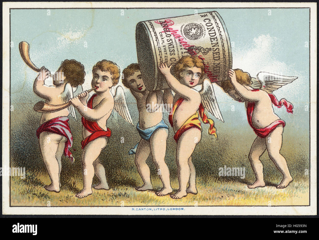 Beverage Trade Cards -  5 angels helping carry a giant can Stock Photo