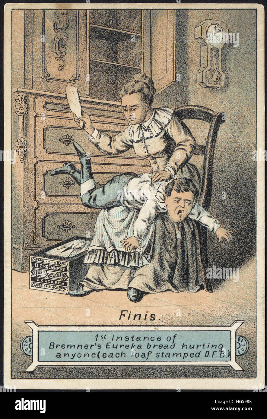 Baking Trade Card -  Finis. 1st instance of Bremner's Eureka bread hurting anyone (each loaf stamped D. F. B.) Stock Photo