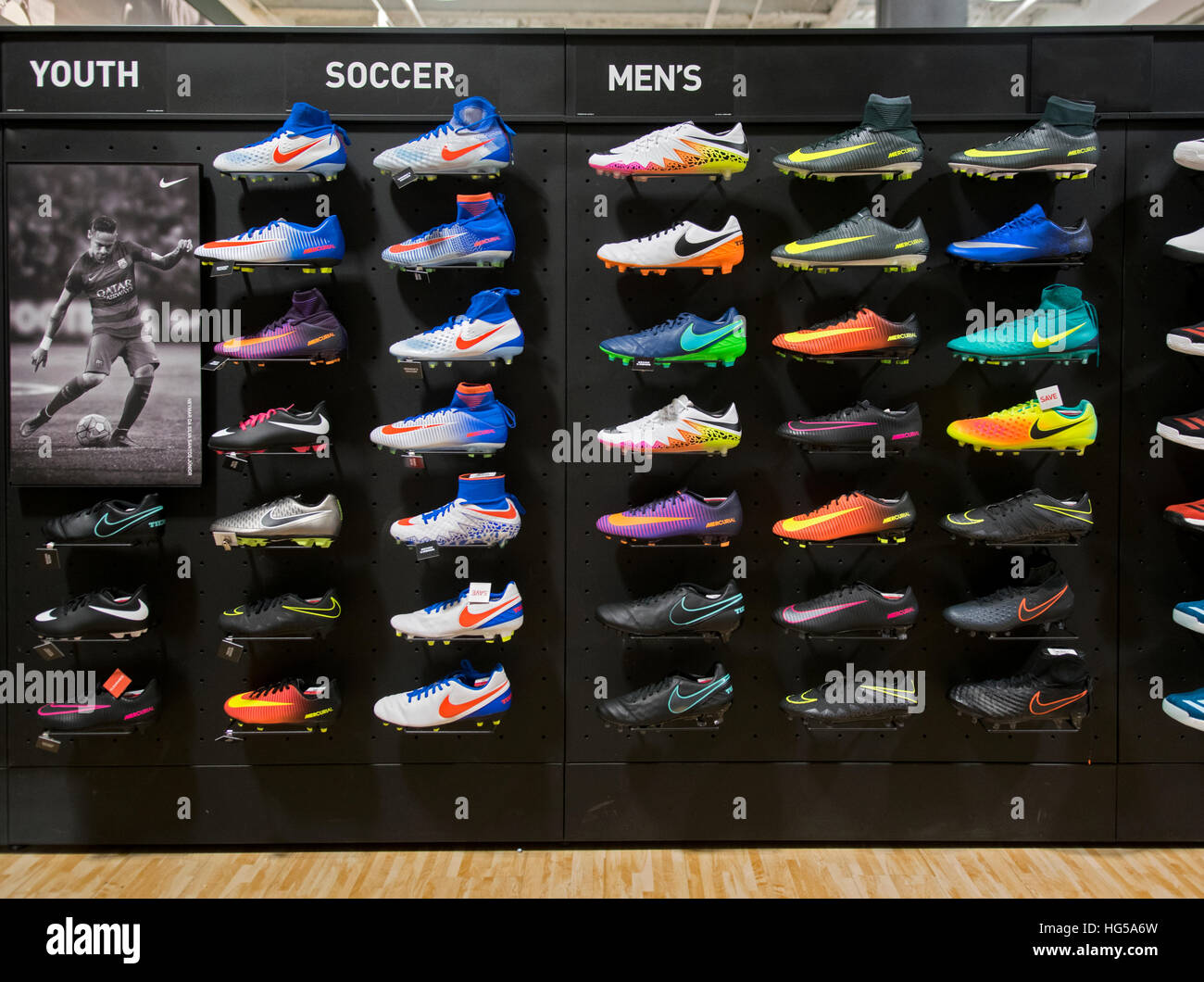 Colorful Nike soccer boots for sale at Dick's Sporting Goods at Roosevelt  Field shopping center, Garden City Long Island Stock Photo - Alamy