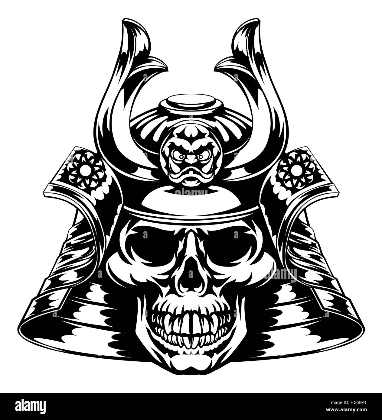 A skeletal skull face samurai with mask and helmet Stock Photo