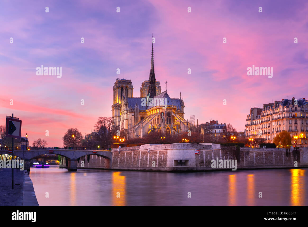 Cathedral of Notre Dame de Paris at sunset, France Stock Photo