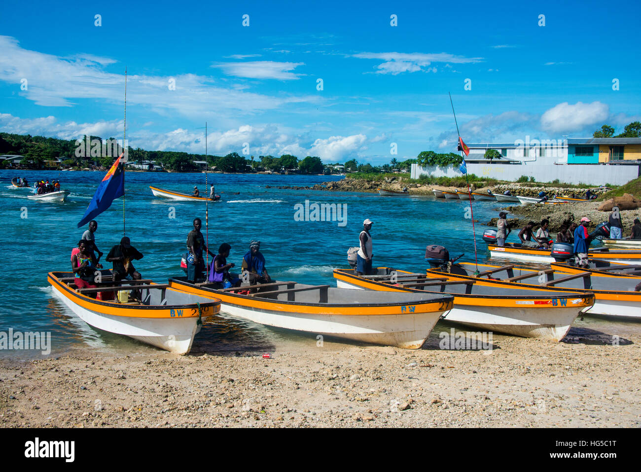 Banana boats transporting locals from Buka to Bougainville, Papua New Guinea, Pacific Stock Photo