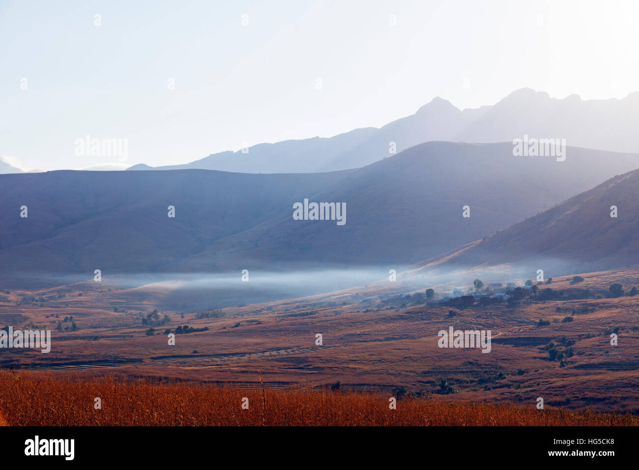 Early morning mist, Tsaranoro Valley, Ambalavao, central area Stock Photo