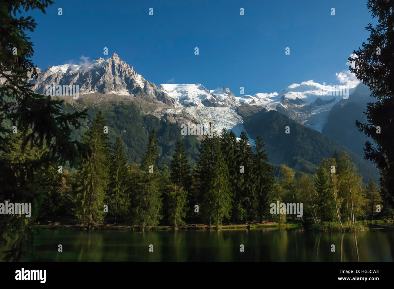 Aiguile du Midi and Mont Blanc, 4809m, and the Glaciers, from the Lake, Chamonix, Haute Savoie, French Alps, France Stock Photo