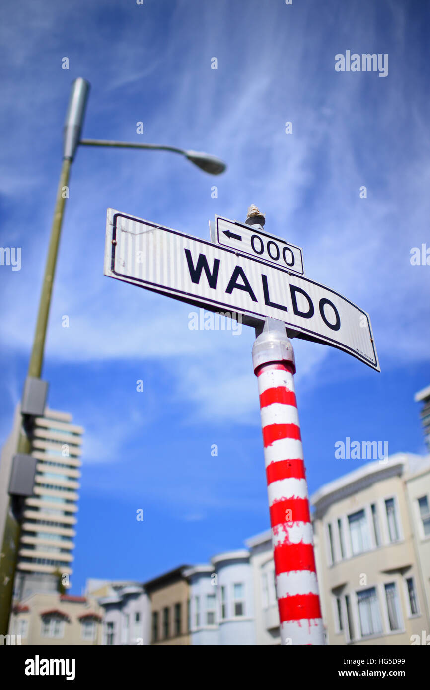 Waldo street sign painted with red stripes in San Francisco, California  Stock Photo - Alamy