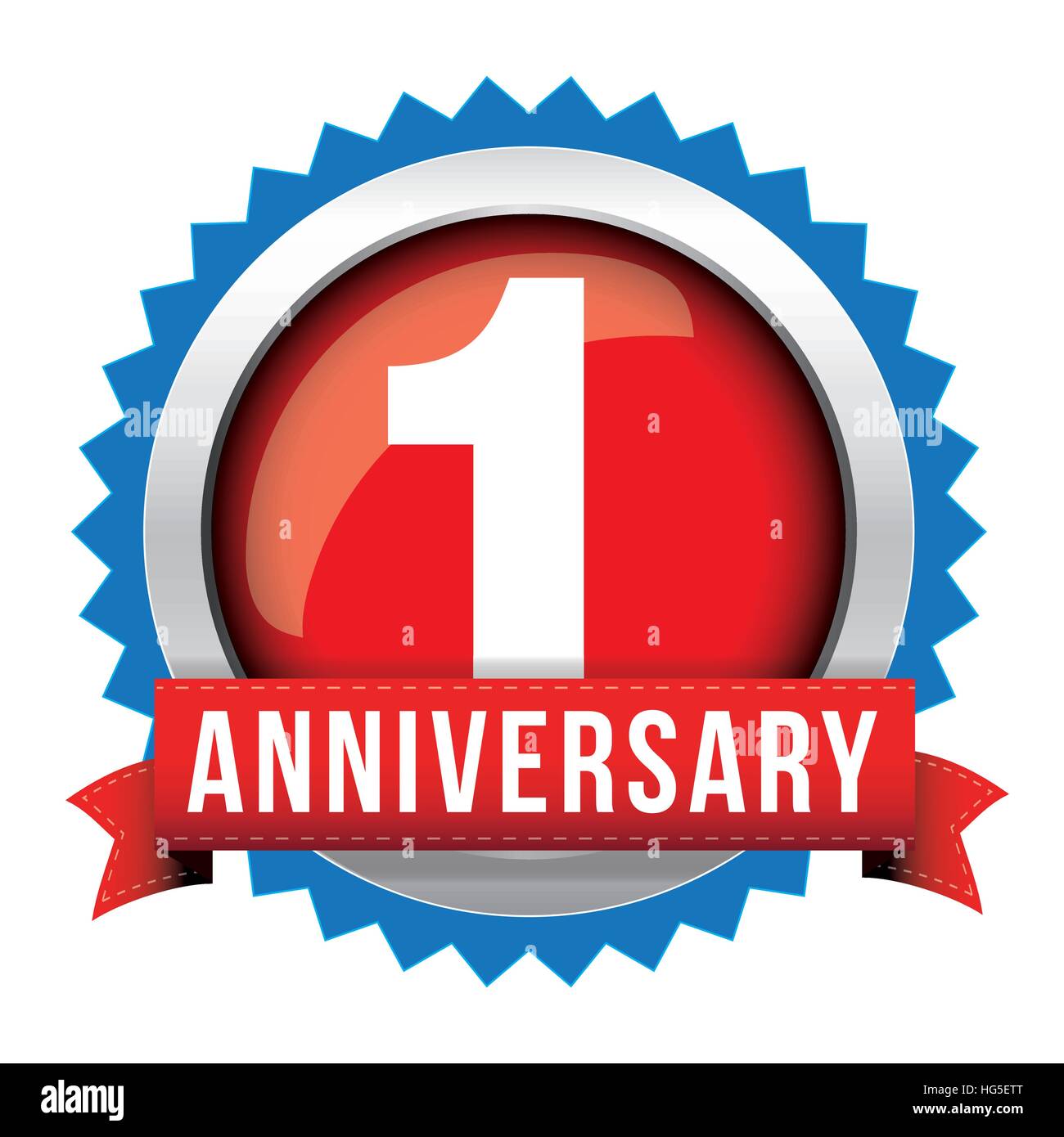 One year anniversary badge with red ribbon Stock Vector