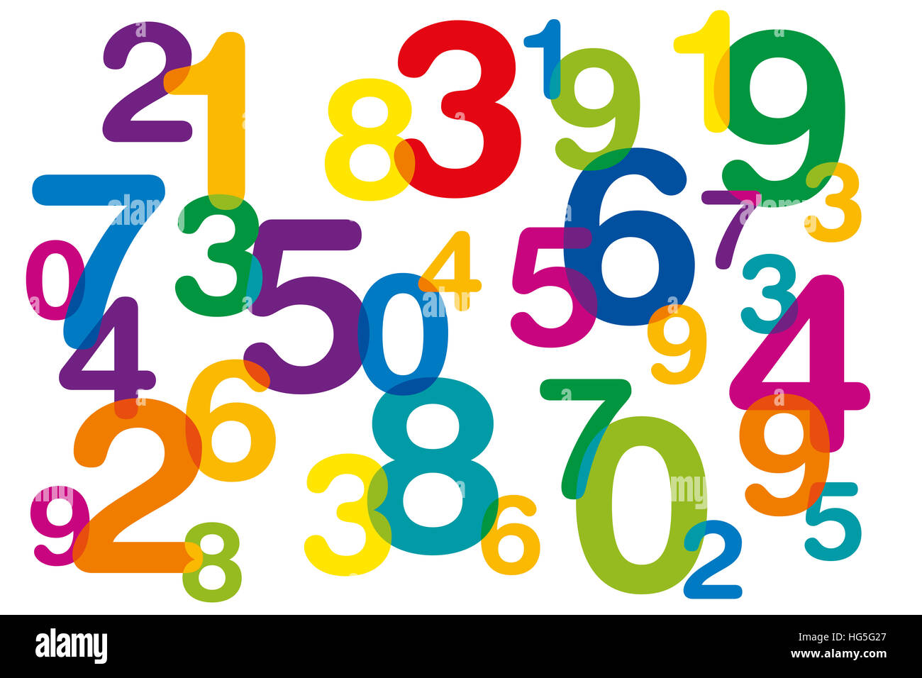 Floating and overlapping colored numbers as symbol for numerology or flood of data. Ten numbers from one to zero. Stock Photo