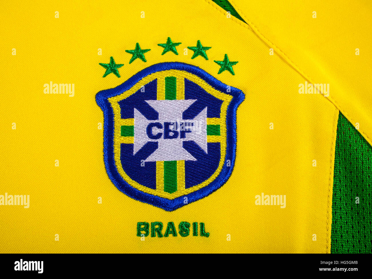 LONDON, UK - OCTOBER 15TH 2015: A close-up of the Brazilian Football badge on a Brasil Football Shirt, on 15th October 2015. Stock Photo