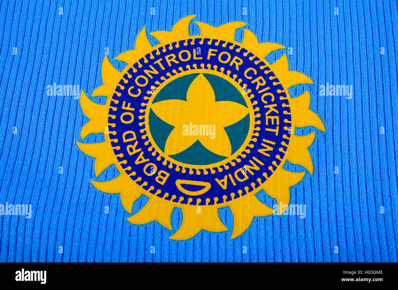 LONDON, UK - OCTOBER 15TH 2015: The badge for the Indian International Cricket Team embroidered onto a players shirt. Stock Photo