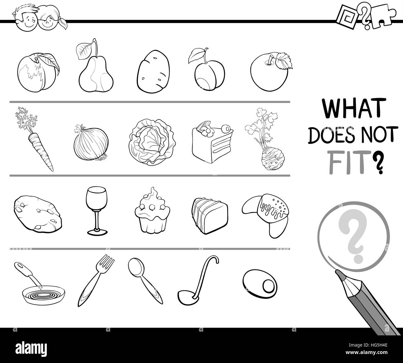 Black and White Cartoon Illustration of Finding Improper Image in the Row Educational Activity for Children with Food Objects Coloring Page Stock Vector