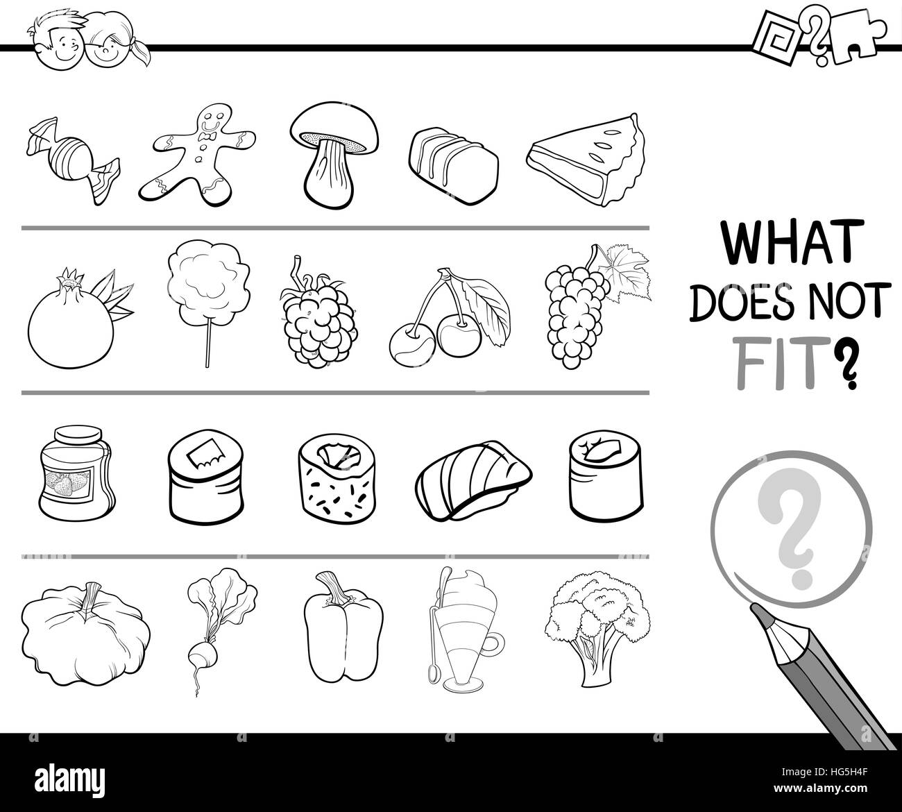 Black and White Cartoon Illustration of Finding Improper Picture in the Row Educational Activity for Children with Food Objects Coloring Page Stock Vector