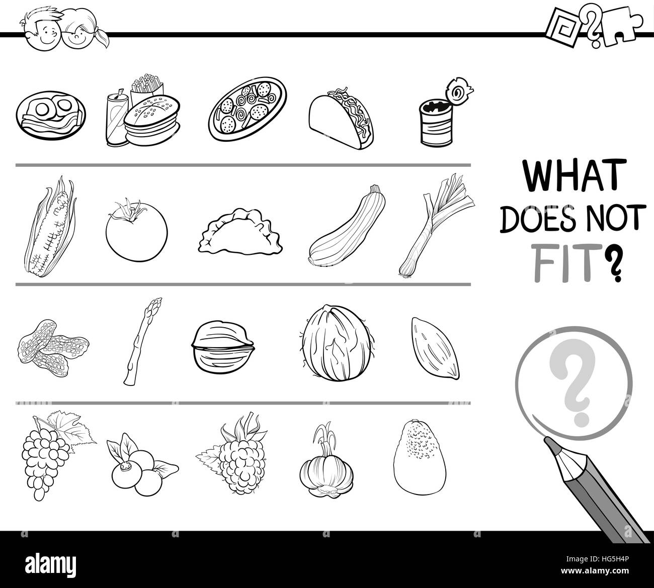 Black and White Cartoon Illustration of Finding Improper Picture in the Row Educational Game for Children with Food Objects Coloring Page Stock Vector