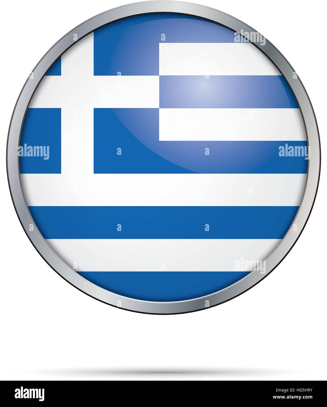 Greece flag glass button style with metal frame. Stock Vector