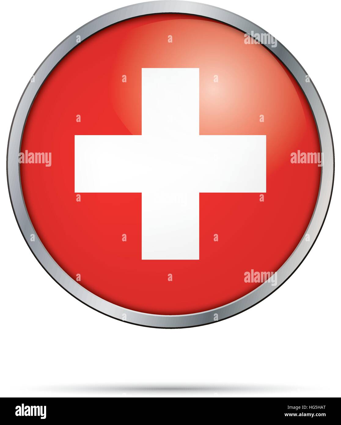 Switzerland flag glass button style with metal frame. Stock Vector