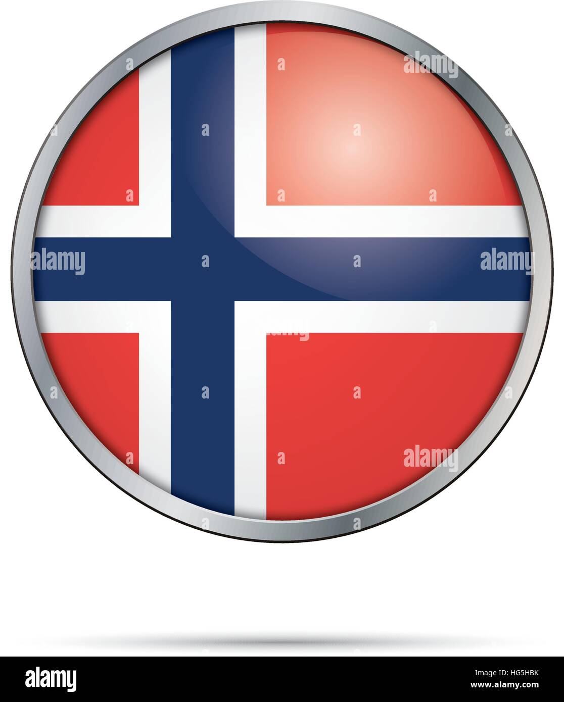Norway flag glass button style with metal frame. Stock Vector