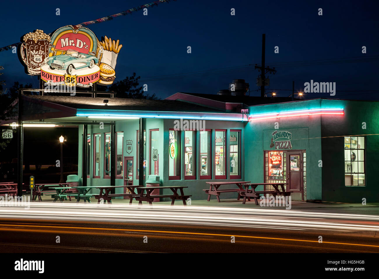 Light streaks and Mr. D'z Route 66 Diner, Route 66, Kingman, Arizona USA Stock Photo