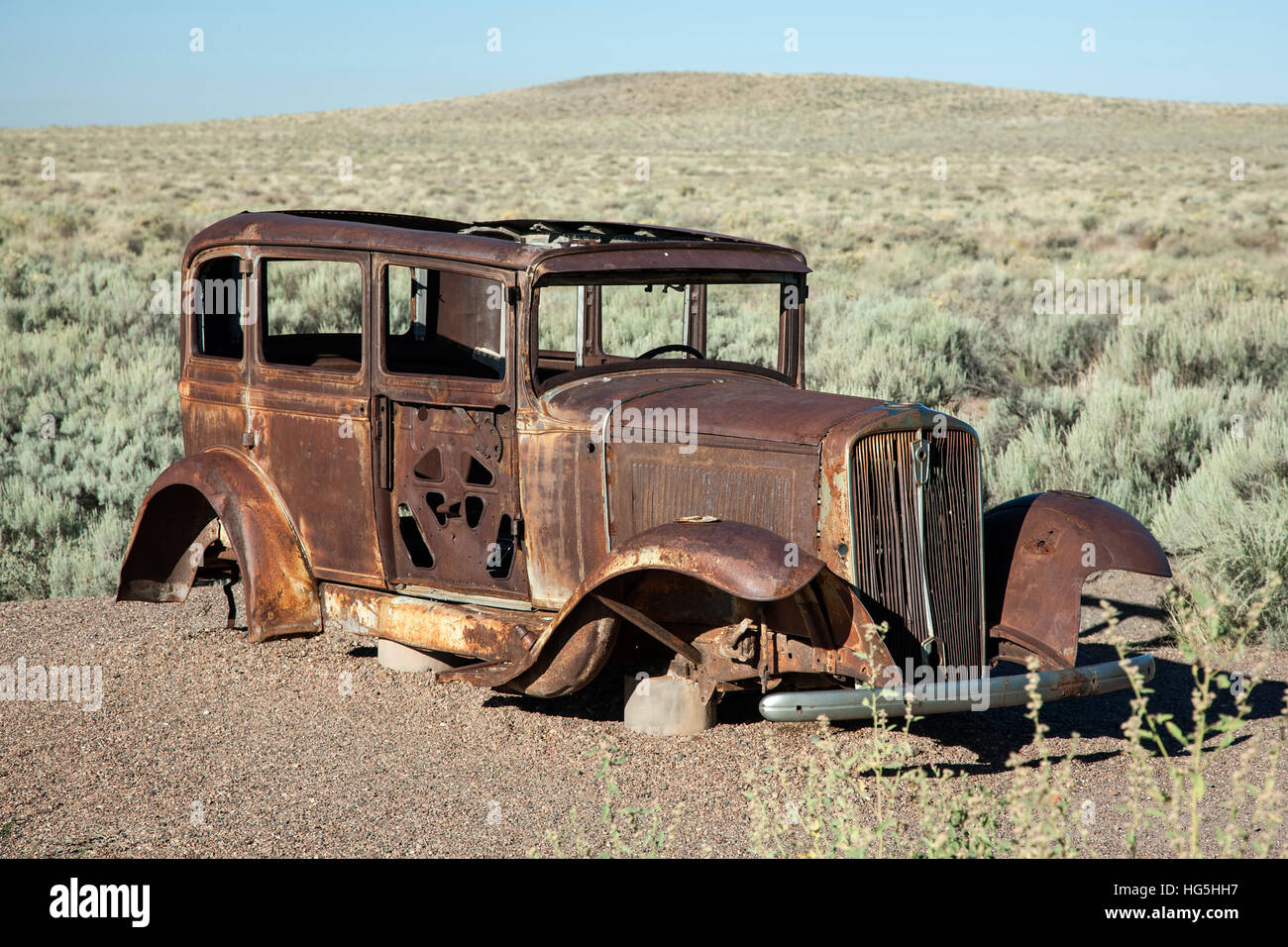 Rusting car, Route 66 Exhibit, Petrified Forest National Park, Arizona USA Stock Photo