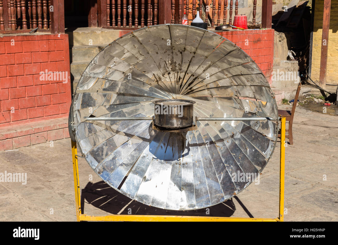 Solar parabolic heater, Himalayas, Nepal Stock Photo
