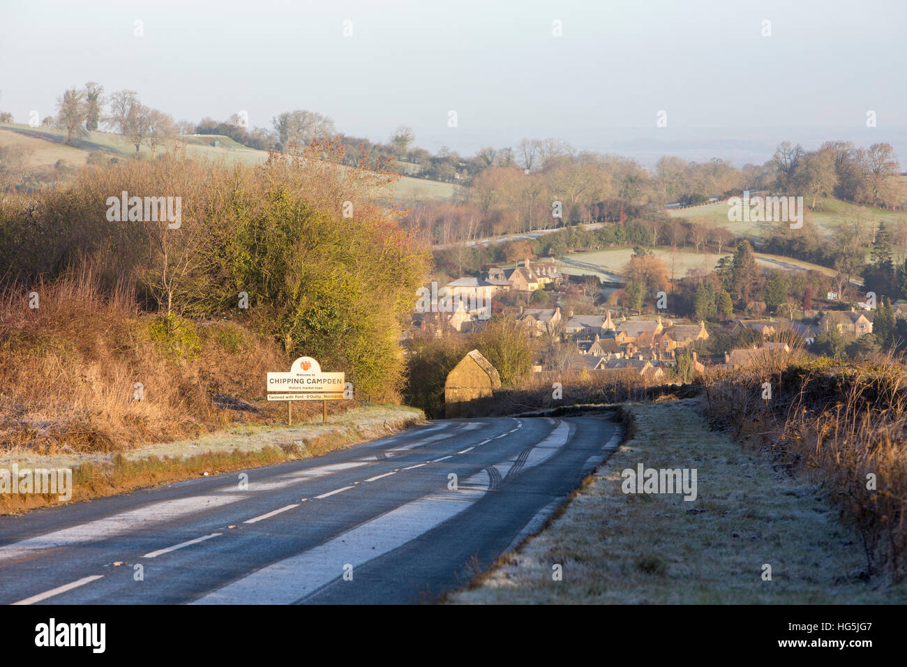 Road leading into Chipping Campden, a traditional mark town in the Cotswolds, Gloucestershire,England Stock Photo