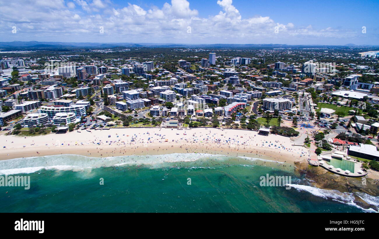 Aerial view of Kings Beach at Caloundra on the Sunshine Coast of Queensland, Australia. Stock Photo