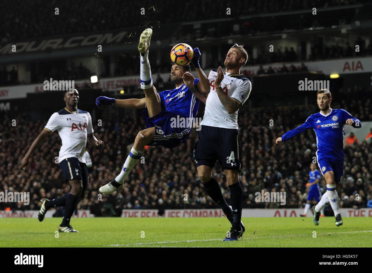 Underkick Chelsea's Diego Costa attempts and overhead kick under pressure from ...