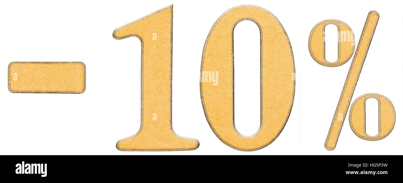 Percent off. Discount. Minus 10 ten percent, numerals isolated on white
