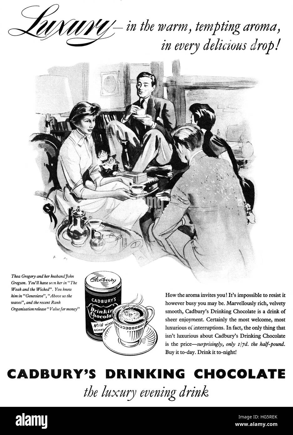 1956 British advertisement for Cadbury's Drinking Chocolate illustrated by Francis Marshall Stock Photo