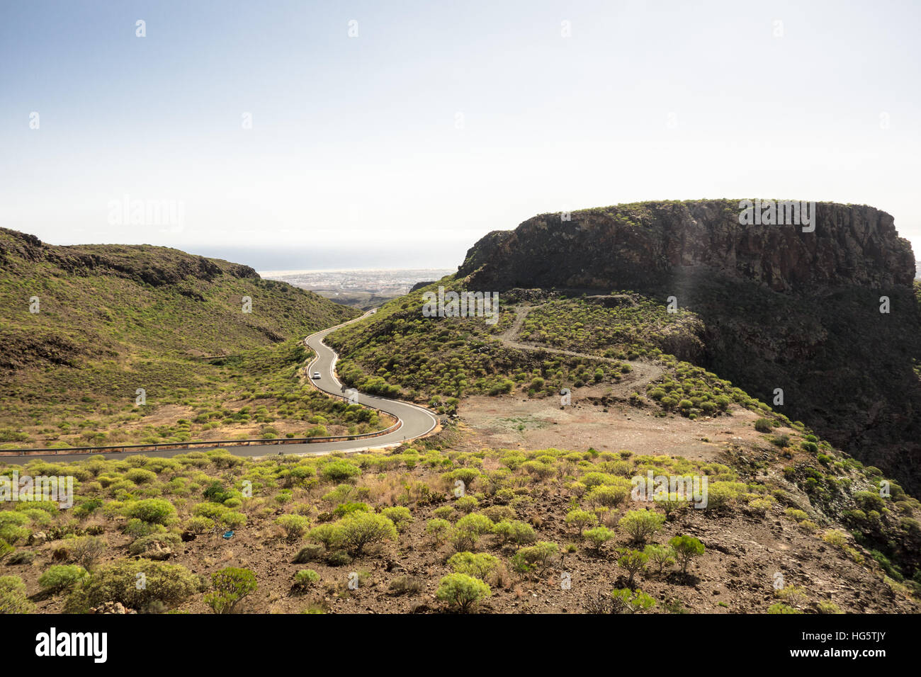View from Macizo de Amurga which overlooks the Barranco de Fataga, one of the volcanic mountains in Gran Canaria. Stock Photo
