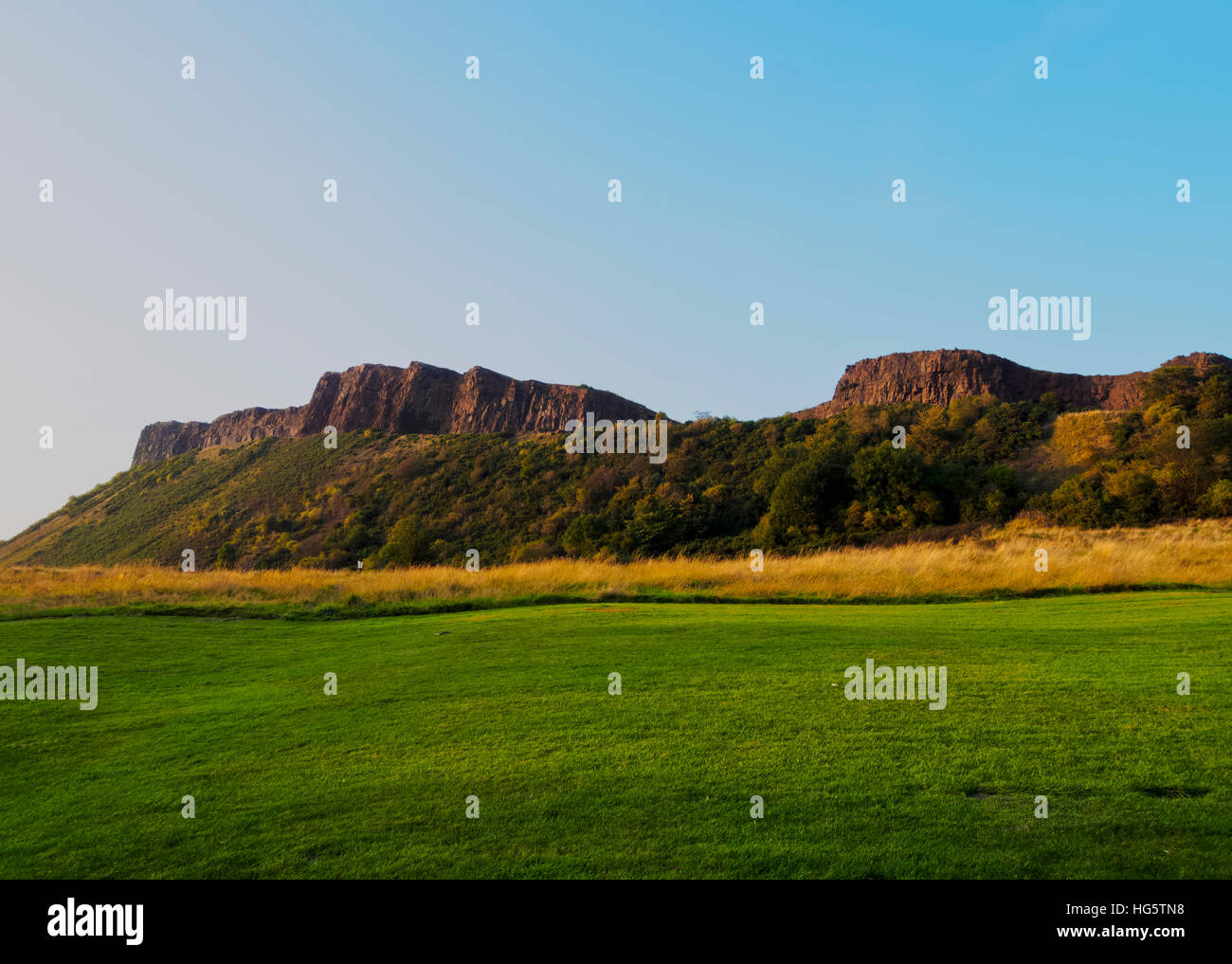UK, Scotland, Lothian, Edinburgh, Holyrood Park, View towards Salisbury Crags. Stock Photo