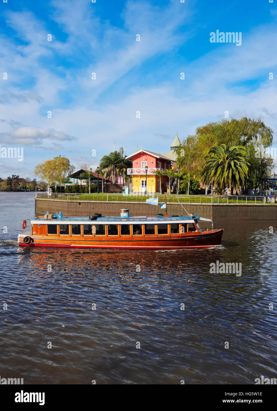 Argentina, Buenos Aires Province, Tigre, Vintage mahogany motorboat on the Tigre River Canal. Stock Photo