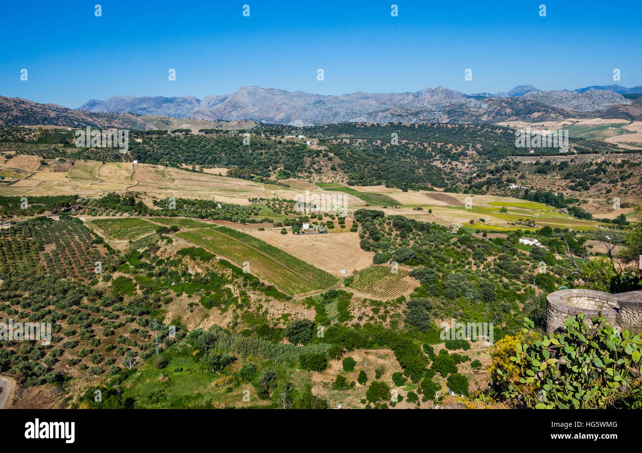 Spain, Andalusia, Province of Malags, Ronda, view of the countryside and the surrounding Sierras from Mirado de Ronda at Alameda del Tajo Stock Photo